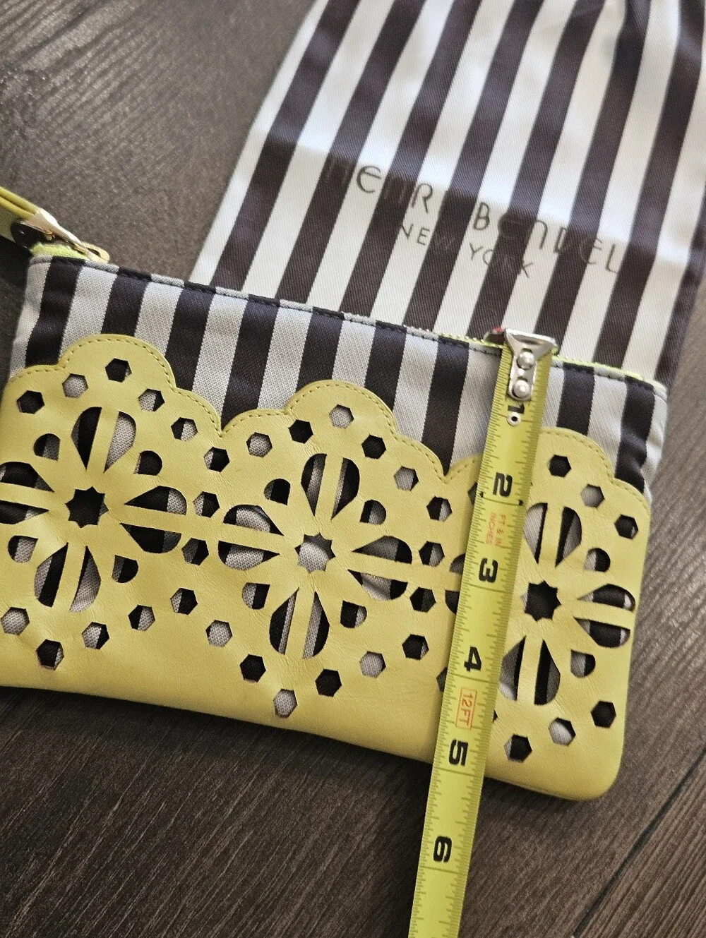 Henri Bendel Vibrant Yellow Laser Cut Floral Wristlet Clutch + Dust Bag
